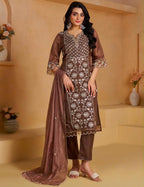 House of Pataudi Women Mustard Yellow Embroidered Silk Blend Kurta Set with Dupatta