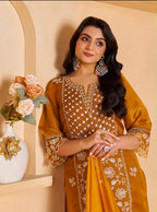 House of Pataudi Women Mustard Yellow Embroidered Silk Blend Kurta Set with Dupatta