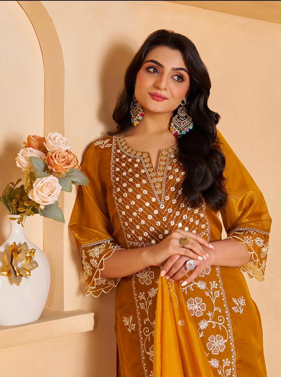 House of Pataudi Women Mustard Yellow Embroidered Silk Blend Kurta Set with Dupatta