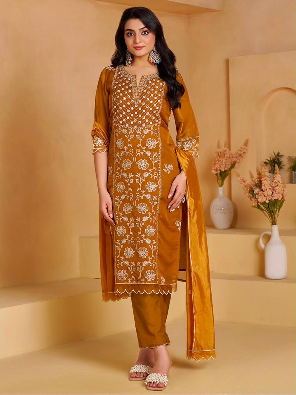 House of Pataudi Women Mustard Yellow Embroidered Silk Blend Kurta Set with Dupatta