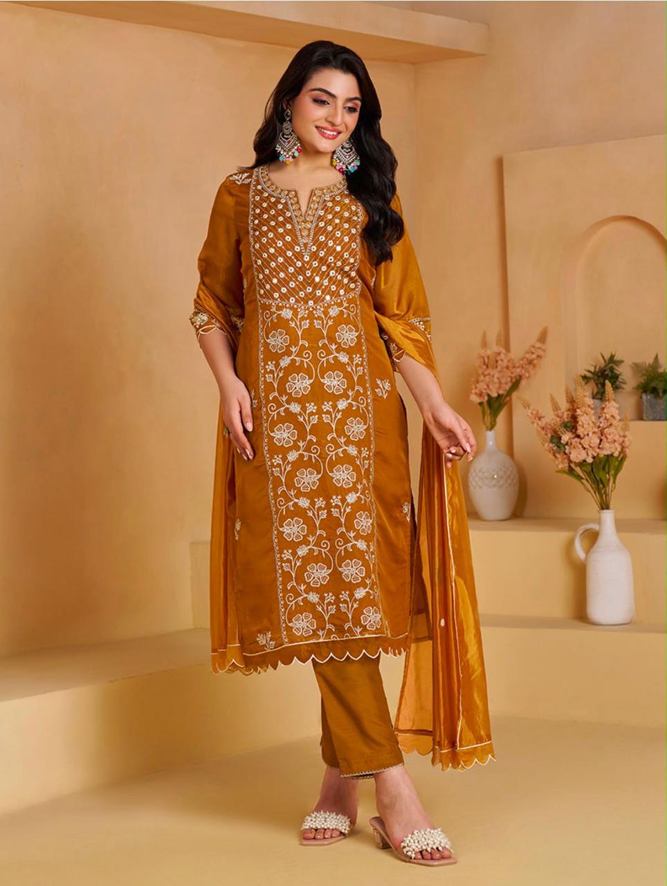 House of Pataudi Women Mustard Yellow Embroidered Silk Blend Kurta Set with Dupatta