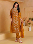 House of Pataudi Women Mustard Yellow Embroidered Silk Blend Kurta Set with Dupatta