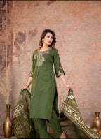 Women Olive Green Embroidered Cotton 60 60 Kurta Set with Printed Dupatta