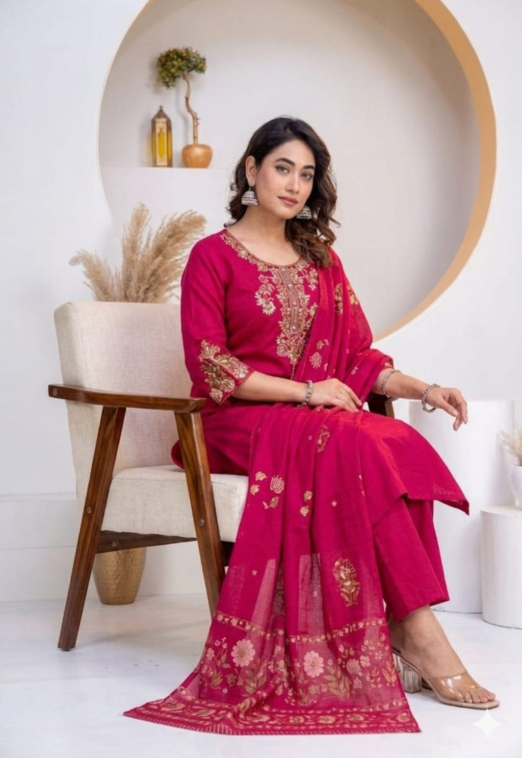 Women Olive Green Embroidered Cotton 60 60 Kurta Set with Printed Dupatta