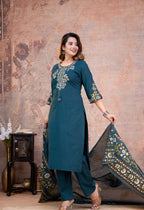 Women Olive Green Embroidered Cotton 60 60 Kurta Set with Printed Dupatta