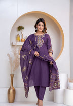 Women Olive Green Embroidered Cotton 60 60 Kurta Set with Printed Dupatta