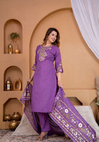Women Olive Green Embroidered Cotton 60 60 Kurta Set with Printed Dupatta