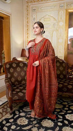 Women Rust Red Embroidered V-Neck Cotton 60 60 Kurta Pant Set with Printed Dupatta
