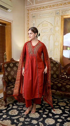Women Rust Red Embroidered V-Neck Cotton 60 60 Kurta Pant Set with Printed Dupatta
