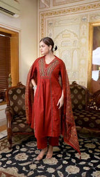 Women Rust Red Embroidered V-Neck Cotton 60 60 Kurta Pant Set with Printed Dupatta