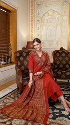 Women Rust Red Embroidered V-Neck Cotton 60 60 Kurta Pant Set with Printed Dupatta