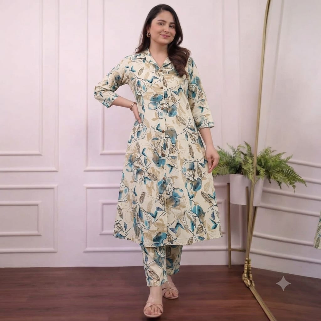 Women Floral Printed Rayon 14KG Collar A-Line Kurta Palazzo Co-Ord Set