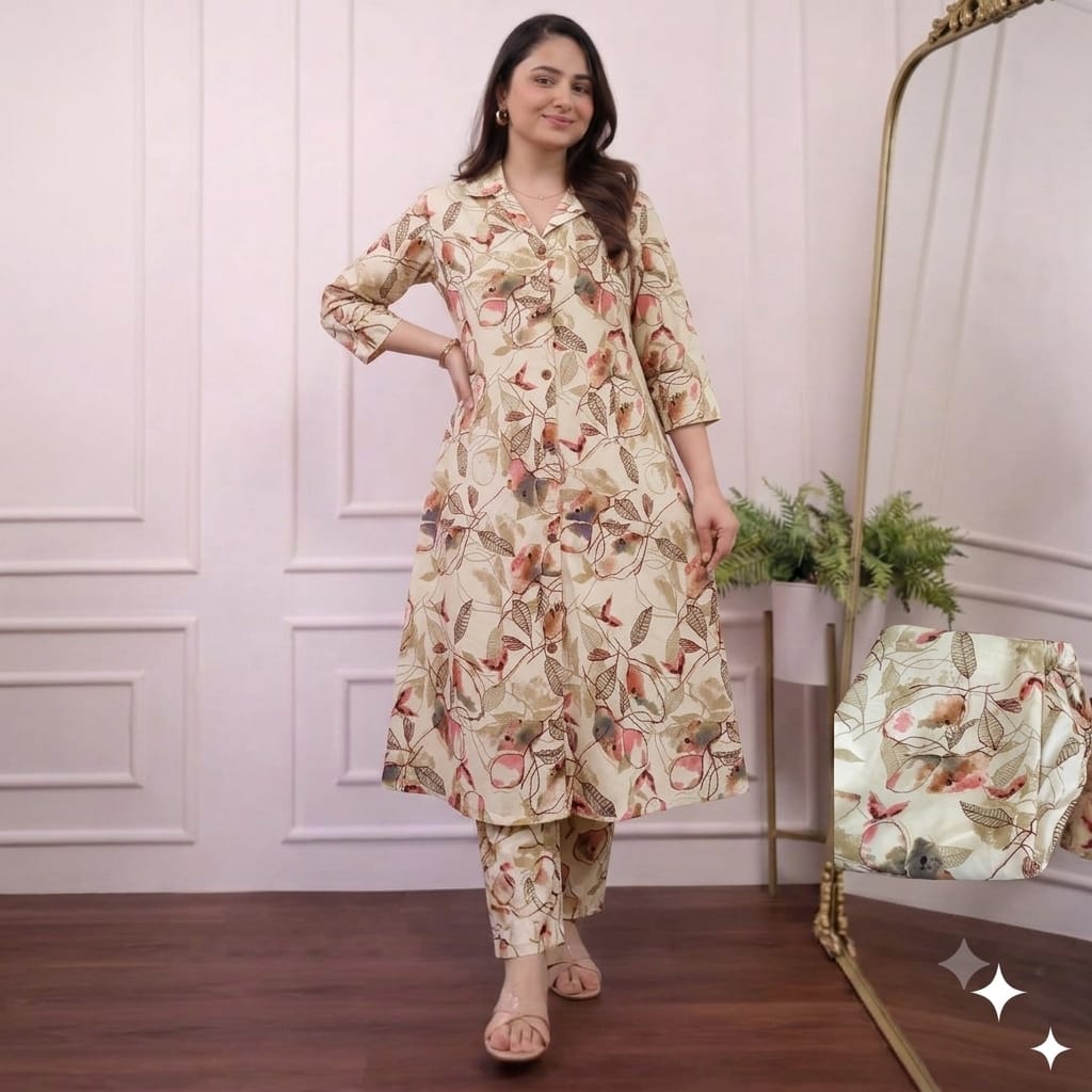 Women Floral Printed Rayon 14KG Collar A-Line Kurta Palazzo Co-Ord Set