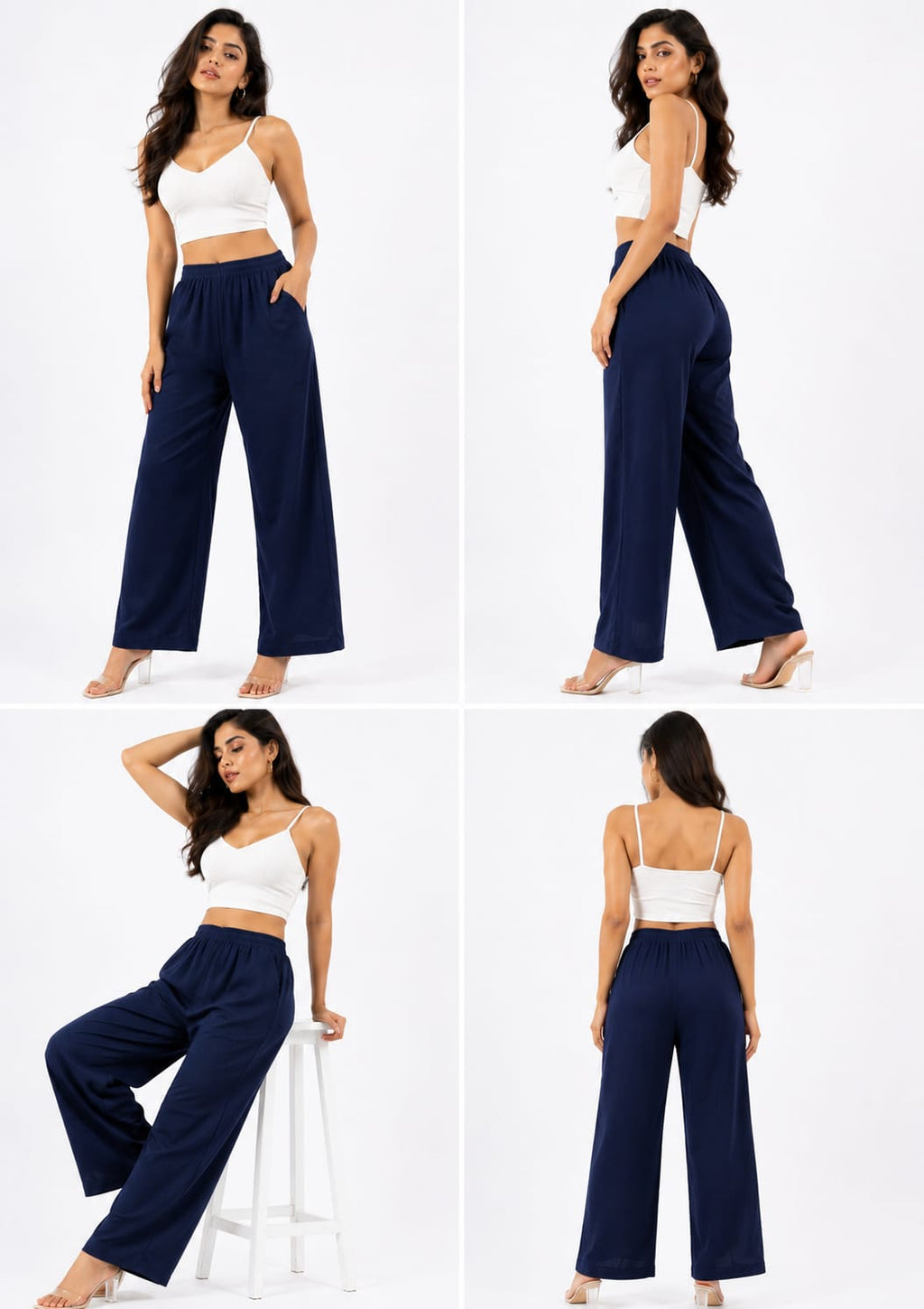 Women Solid Navy Blue Khadi Cotton Wide-Leg Palazzo Pants