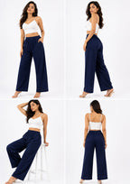 Women Solid Navy Blue Khadi Cotton Wide-Leg Palazzo Pants