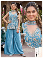 Women Peach Beads Work Fendy Silk Top Palazzo Set with Dupatta 3pc