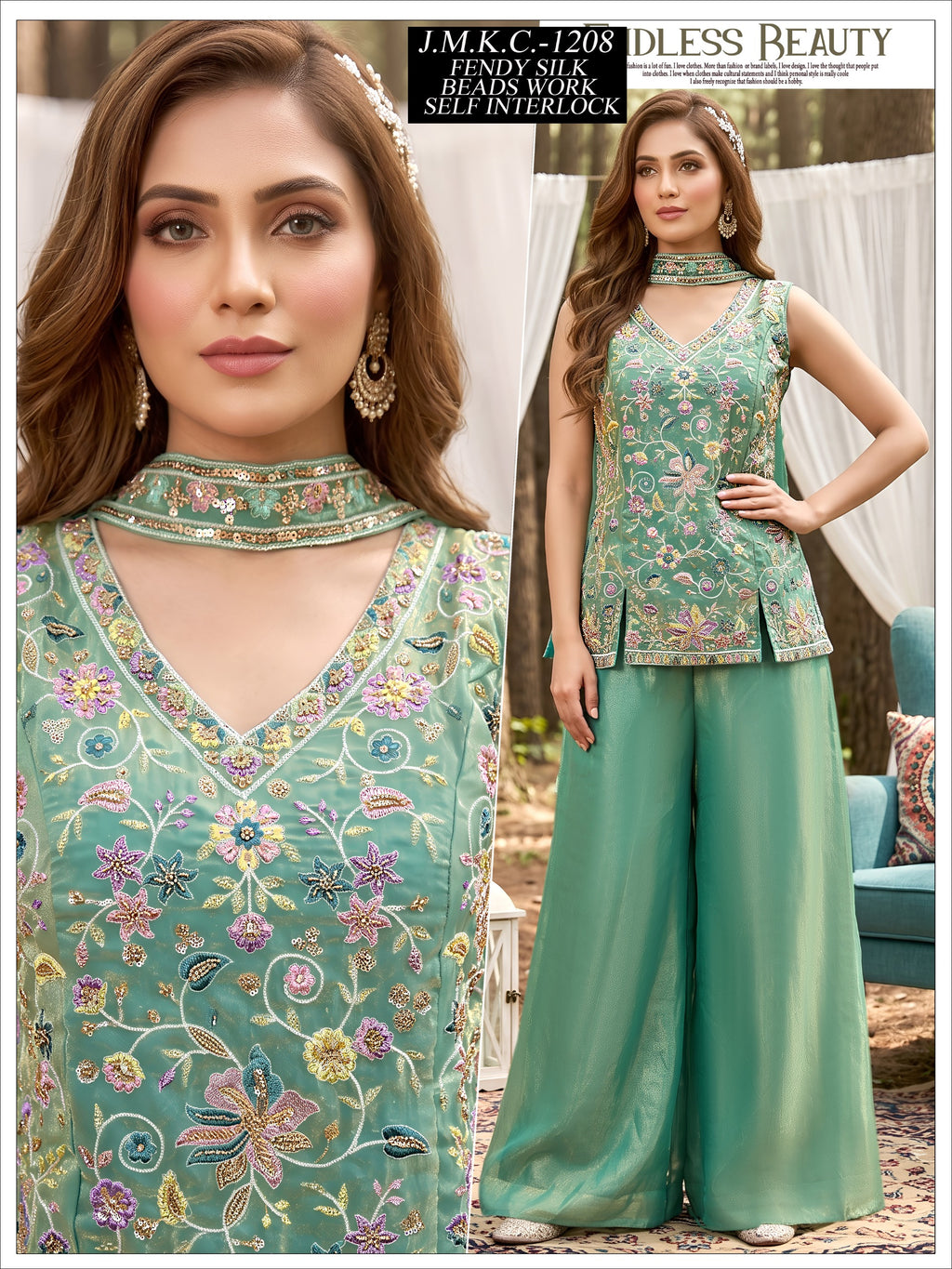 Women Peach Beads Work Fendy Silk Top Palazzo Set with Dupatta 3pc