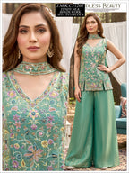 Women Peach Beads Work Fendy Silk Top Palazzo Set with Dupatta 3pc