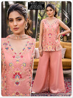 Women Peach Beads Work Fendy Silk Top Palazzo Set with Dupatta 3pc