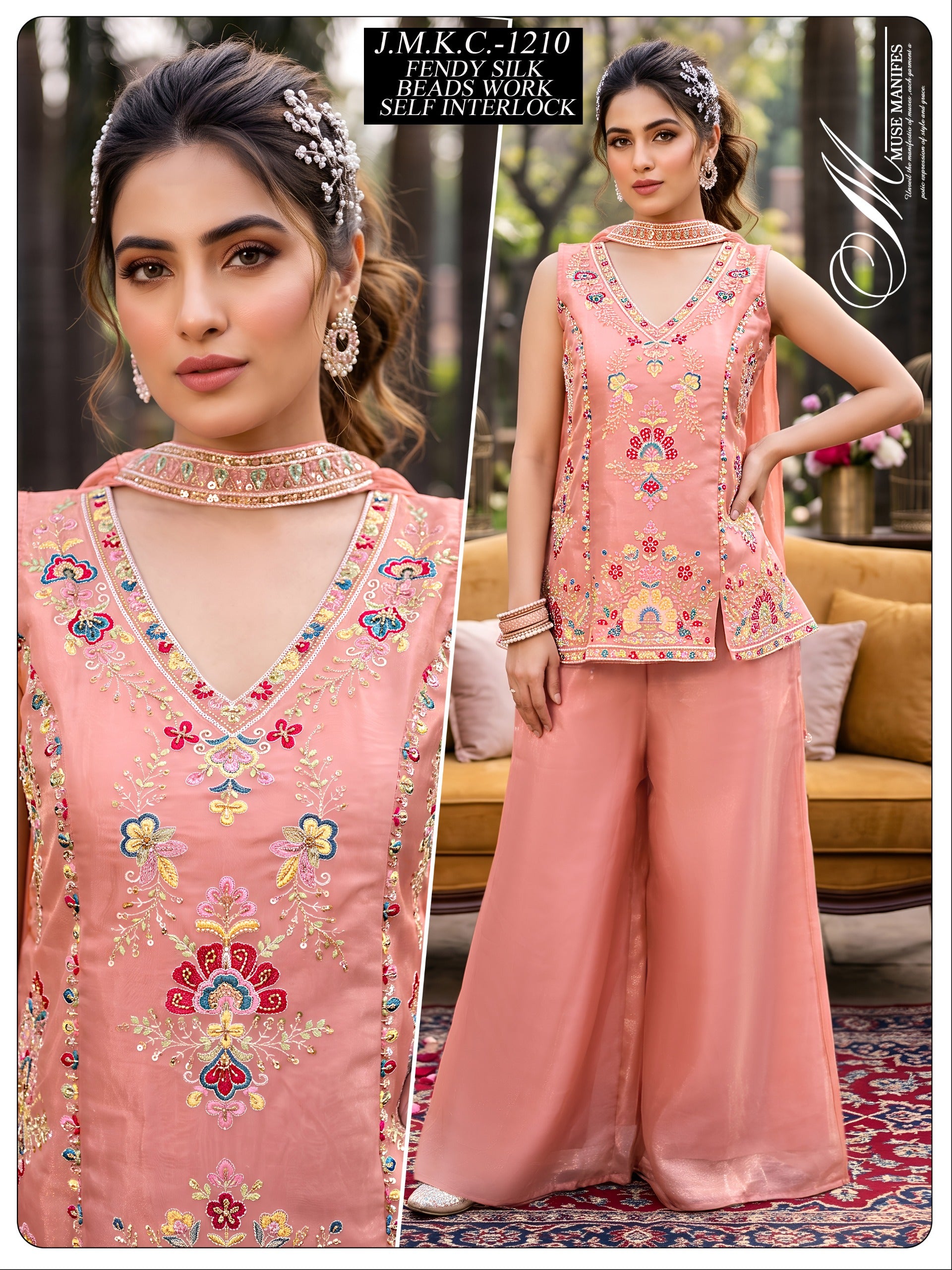 Women Peach Beads Work Fendy Silk Top Palazzo Set with Dupatta 3pc