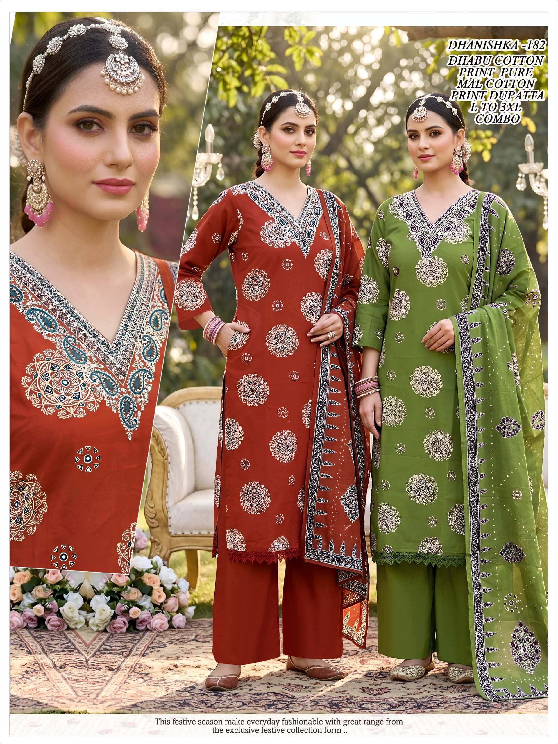 Women Dhabu Cotton Printed Kurta Set with Pure Mal Cotton Dupatta 3pc