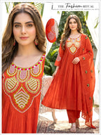 Women Orange Handwork Mal Chanderi Anarkali Kurta Pant Set with Embroidered Dupatta 3pc