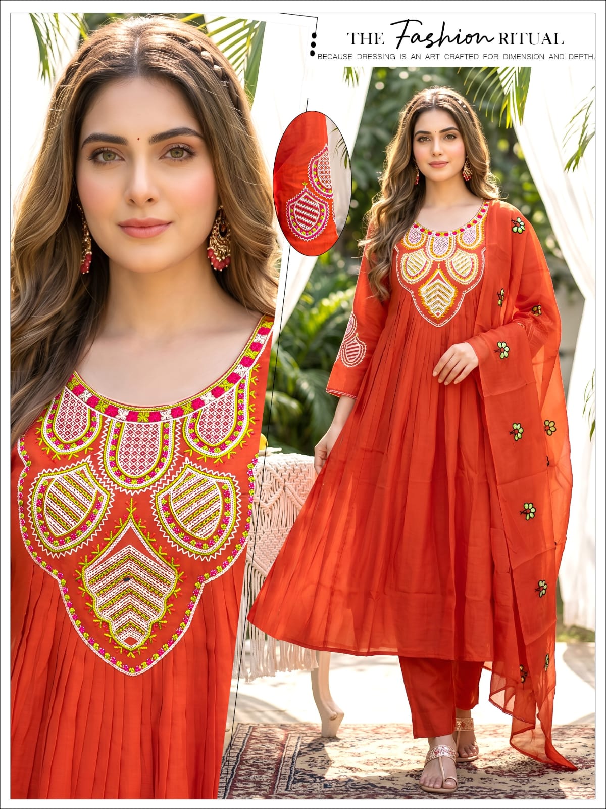 Women Orange Handwork Mal Chanderi Anarkali Kurta Pant Set with Embroidered Dupatta 3pc