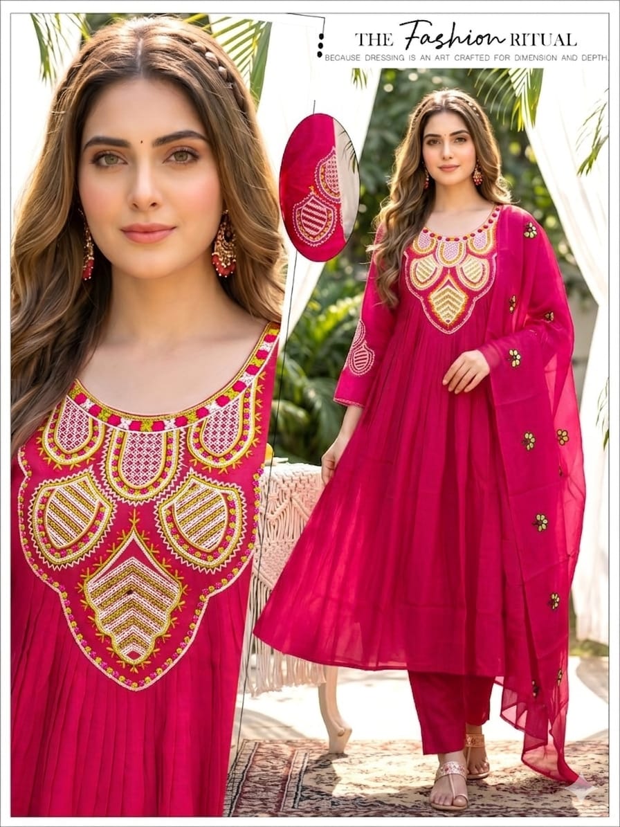 Women Orange Handwork Mal Chanderi Anarkali Kurta Pant Set with Embroidered Dupatta 3pc
