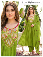 Women Orange Handwork Mal Chanderi Anarkali Kurta Pant Set with Embroidered Dupatta 3pc