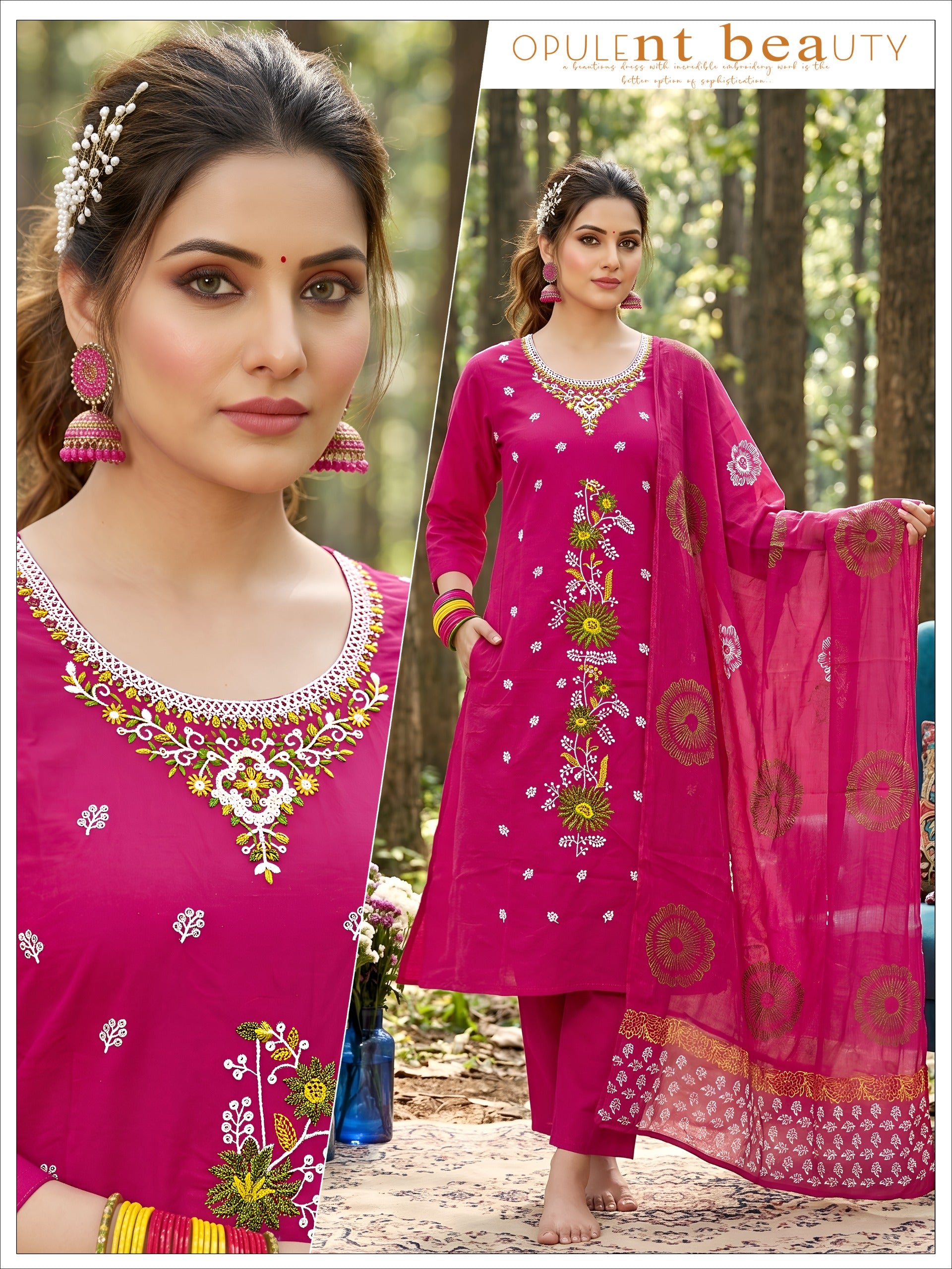 Women Rani Pink Embroidered Dhabu Cotton Kurta Set with Mal Cotton Dupatta