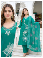 Women Rani Pink Embroidered Dhabu Cotton Kurta Set with Mal Cotton Dupatta