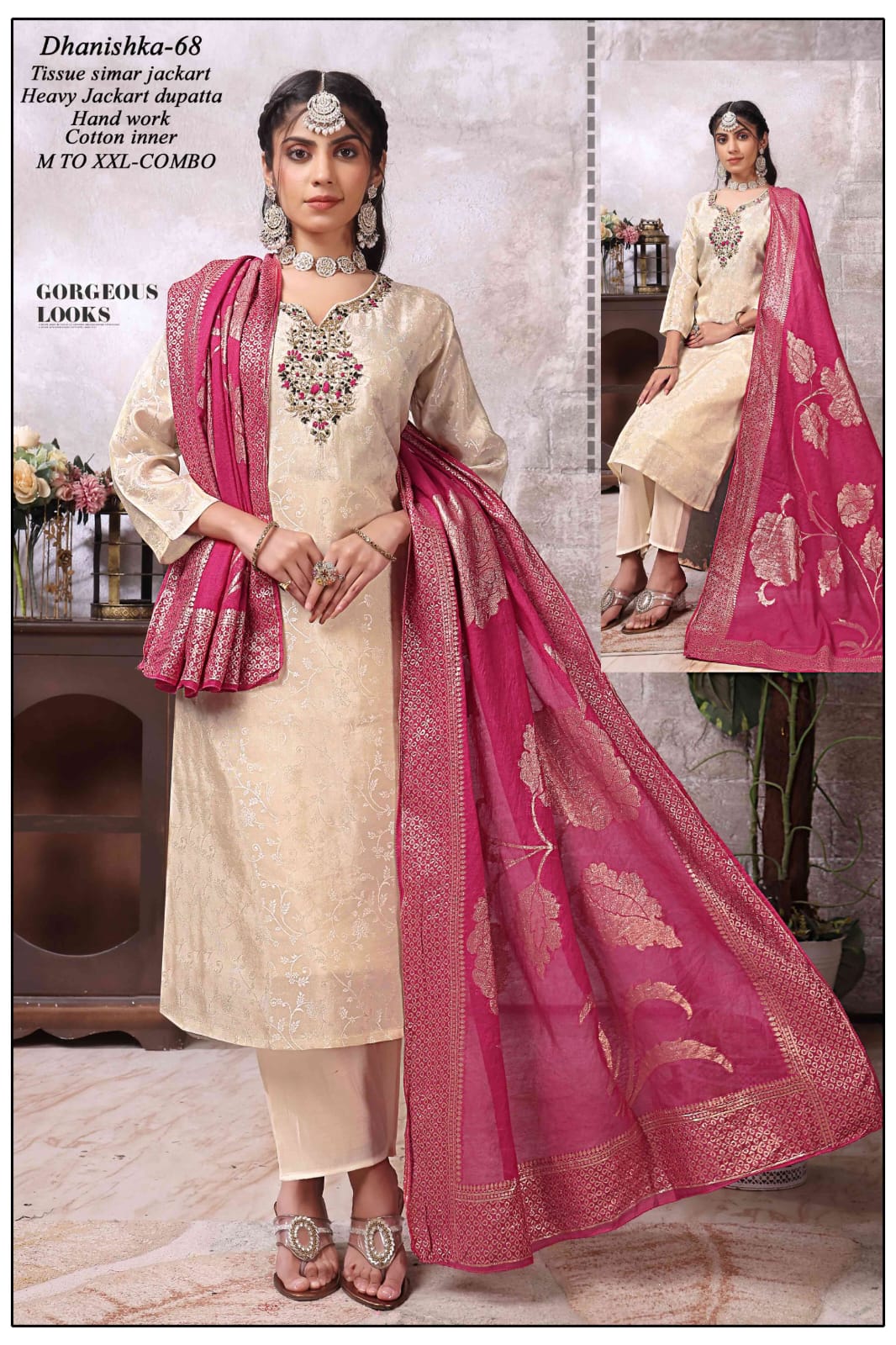 Women Cream Tissue Shimmer Jacquard Handwork Kurta Set with Heavy Jacquard Dupatta