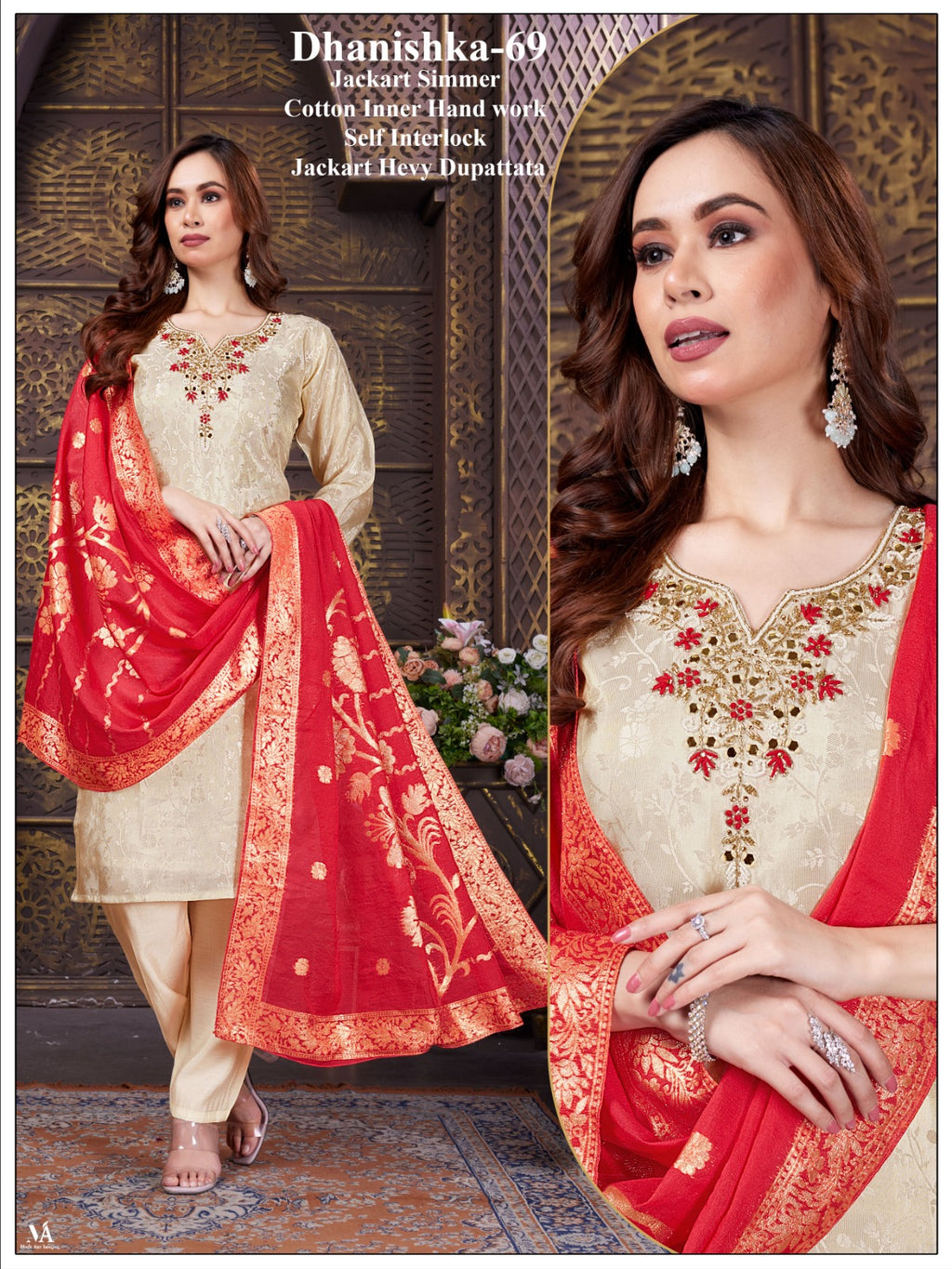 Women Cream Tissue Shimmer Jacquard Handwork Kurta Set with Heavy Jacquard Dupatta