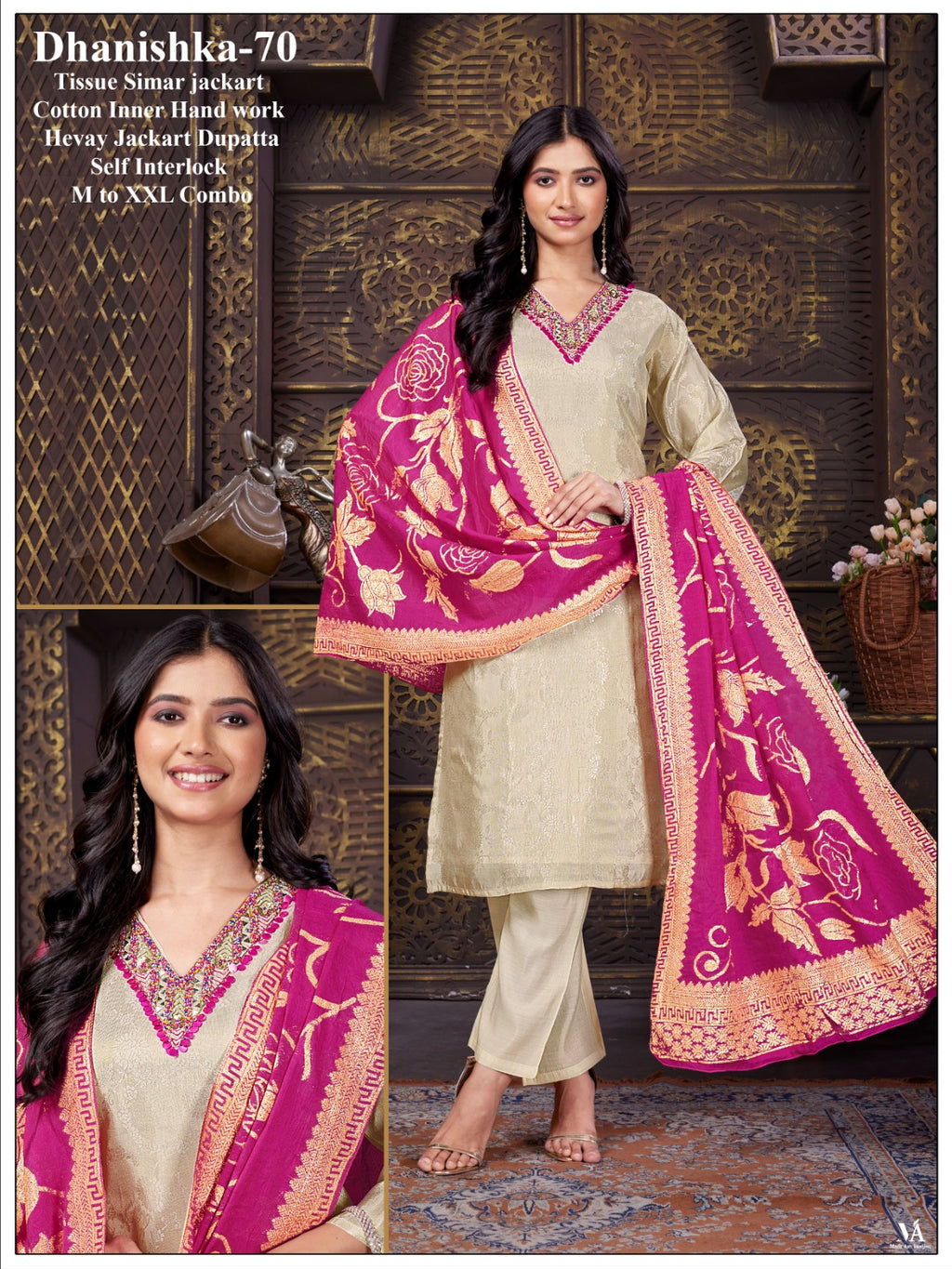 Women Cream Tissue Shimmer Jacquard Handwork Kurta Set with Heavy Jacquard Dupatta