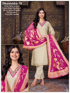 Women Cream Tissue Shimmer Jacquard Handwork Kurta Set with Heavy Jacquard Dupatta