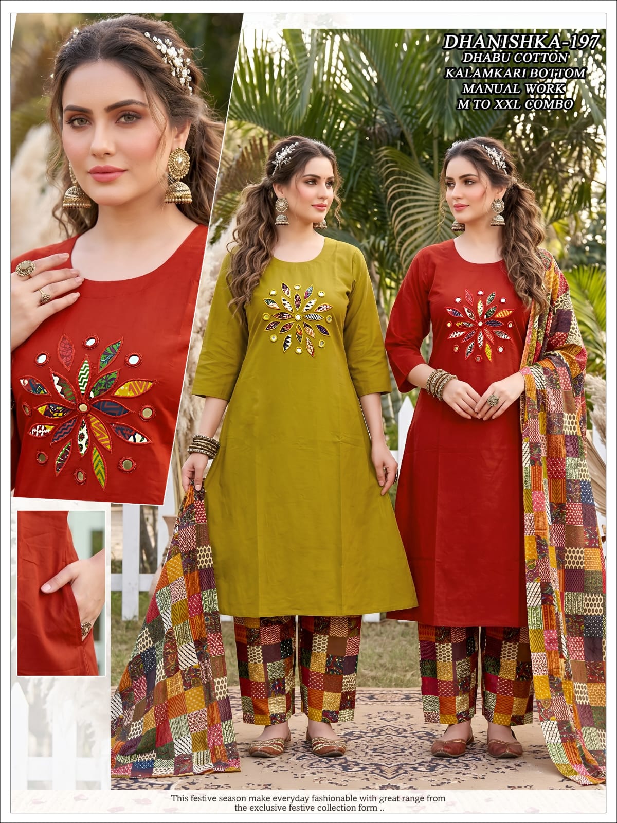 Women Dhabu Cotton Manual Work Kurta with Kalamkari Bottom and Heavy Print Dupatta Set 3pc
