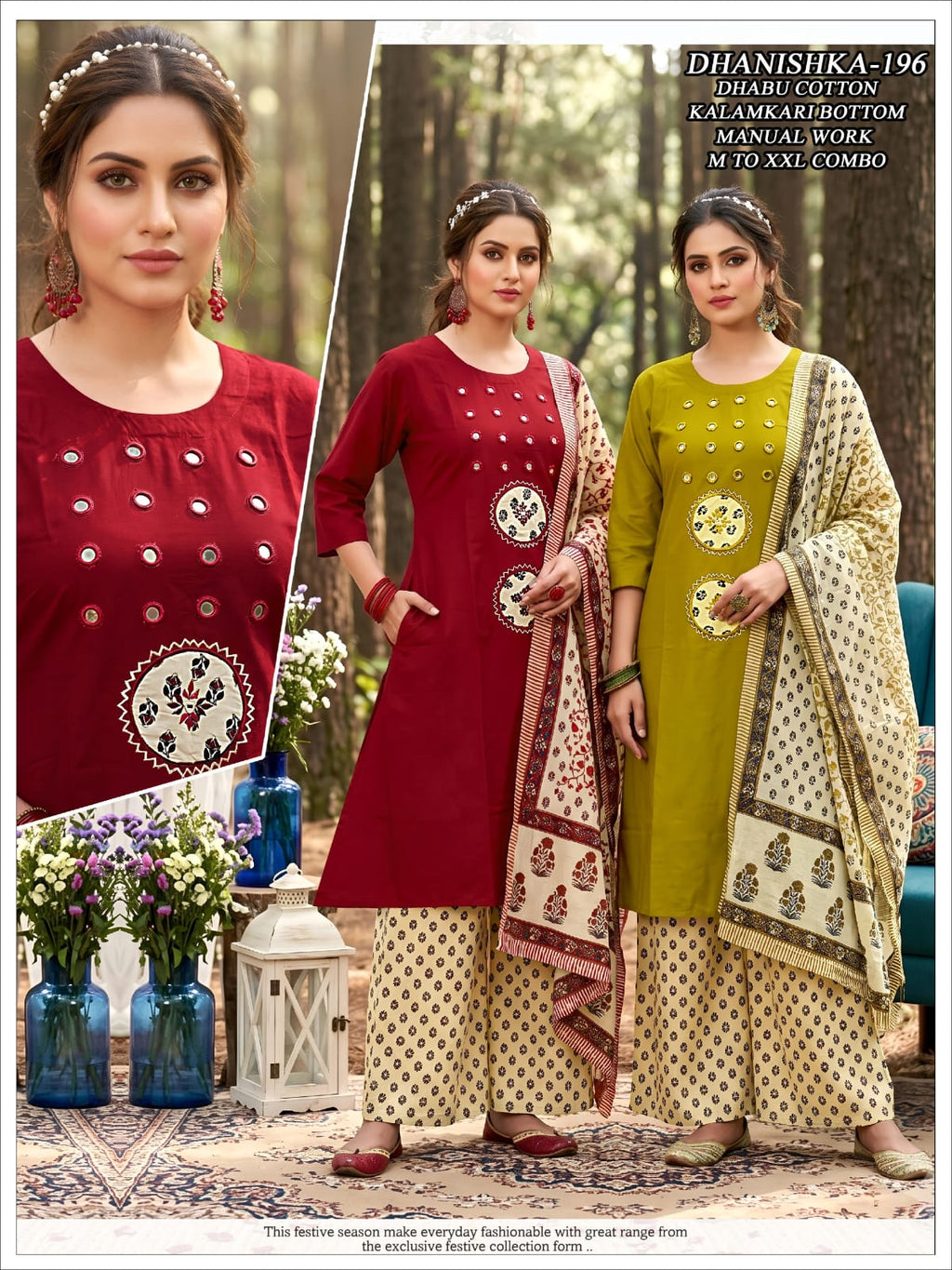 Women Dhabu Cotton Manual Work Kurta with Kalamkari Bottom and Heavy Print Dupatta Set 3pc
