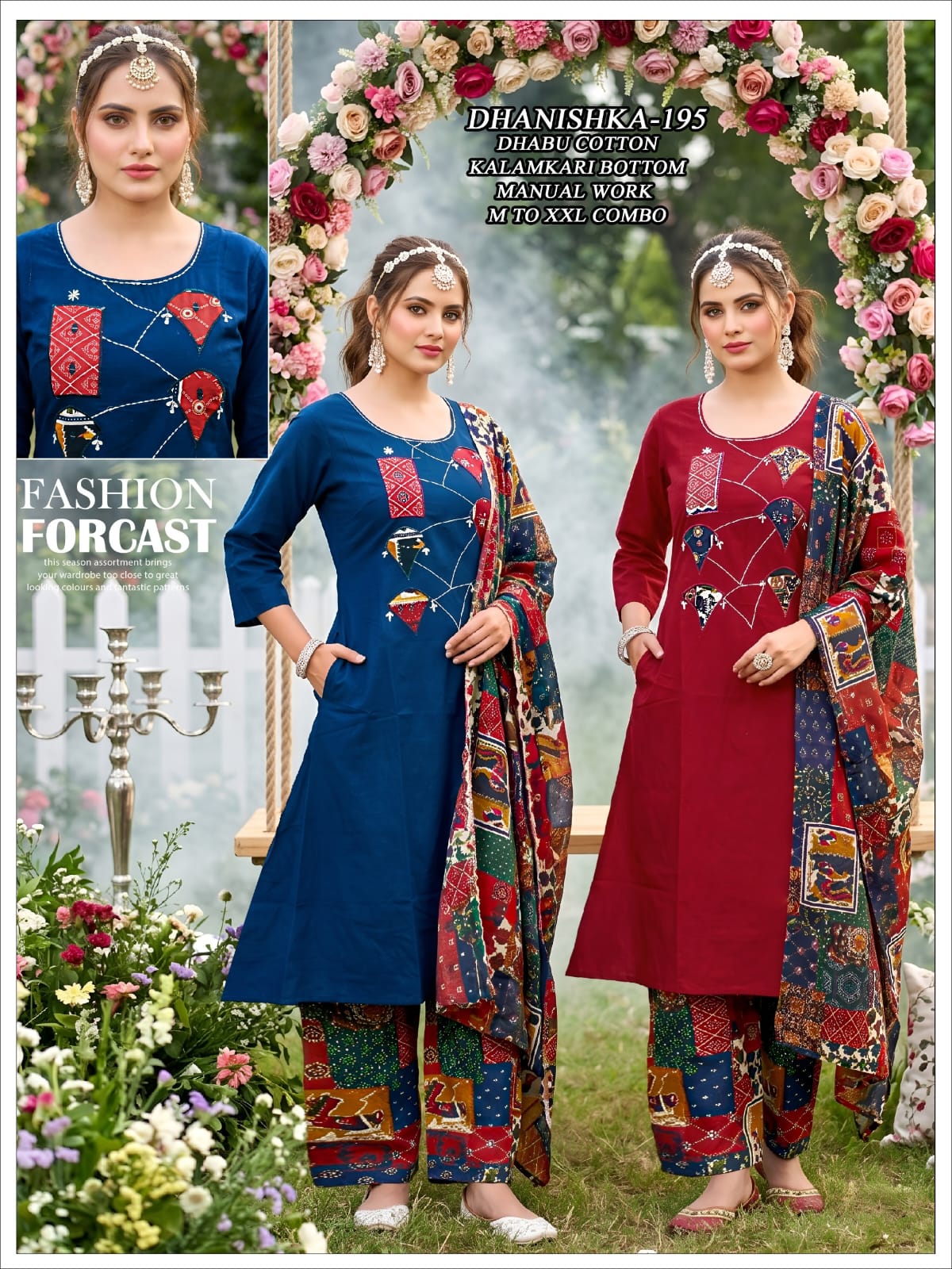 Women Dhabu Cotton Manual Work Kurta with Kalamkari Bottom and Heavy Print Dupatta Set 3pc