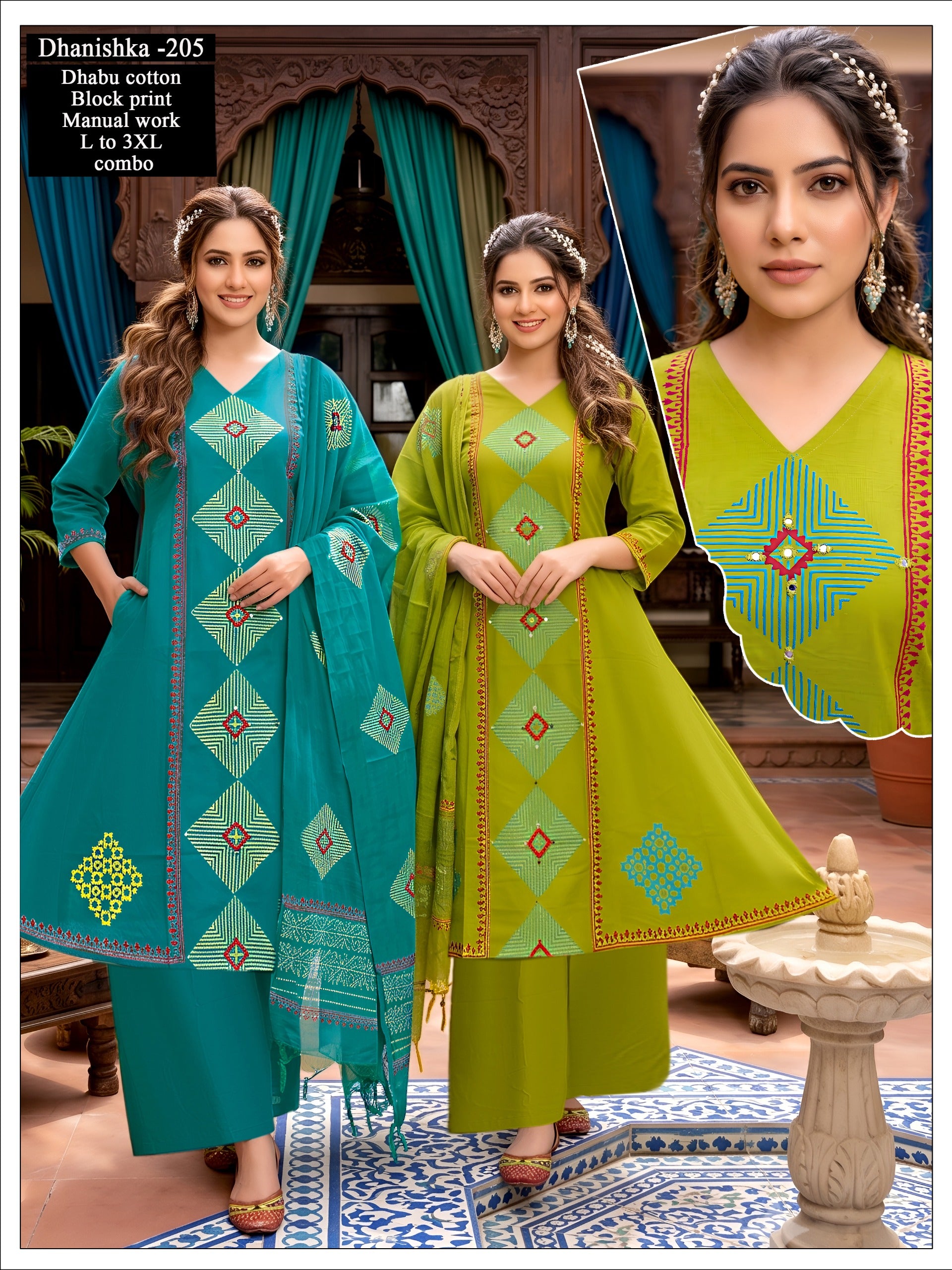 Women Dhabu Cotton Block Print Manual Work Kurta Set with Mal Cotton Dupatta 3pc