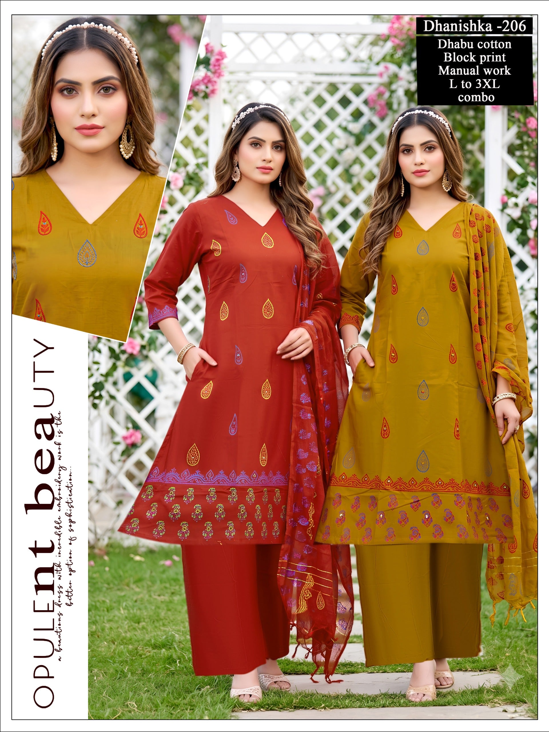 Women Dhabu Cotton Block Print Manual Work Kurta Set with Mal Cotton Dupatta 3pc