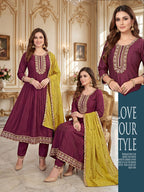 Women Wine Embroidered Vichitra Blooming Silk Anarkali Kurta Set with Contrasting Work Dupatta