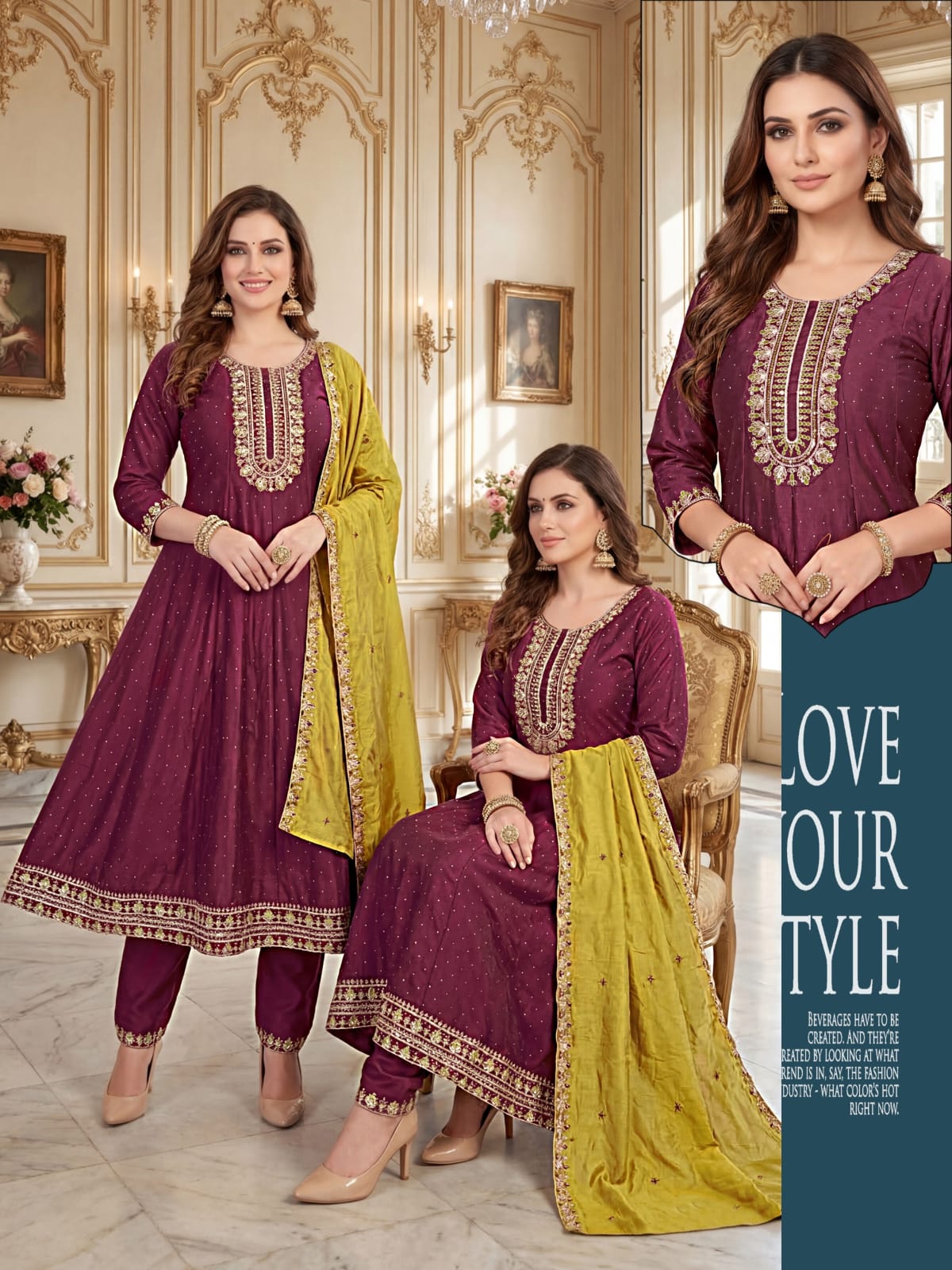 Women Wine Embroidered Vichitra Blooming Silk Anarkali Kurta Set with Contrasting Work Dupatta
