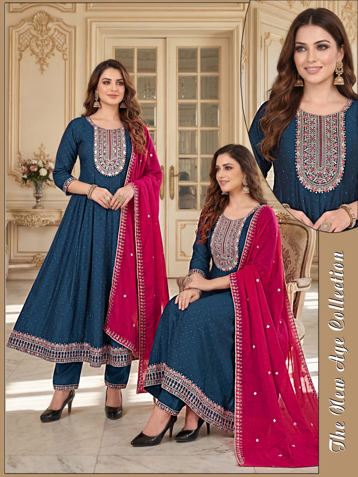 Women Wine Embroidered Vichitra Blooming Silk Anarkali Kurta Set with Contrasting Work Dupatta
