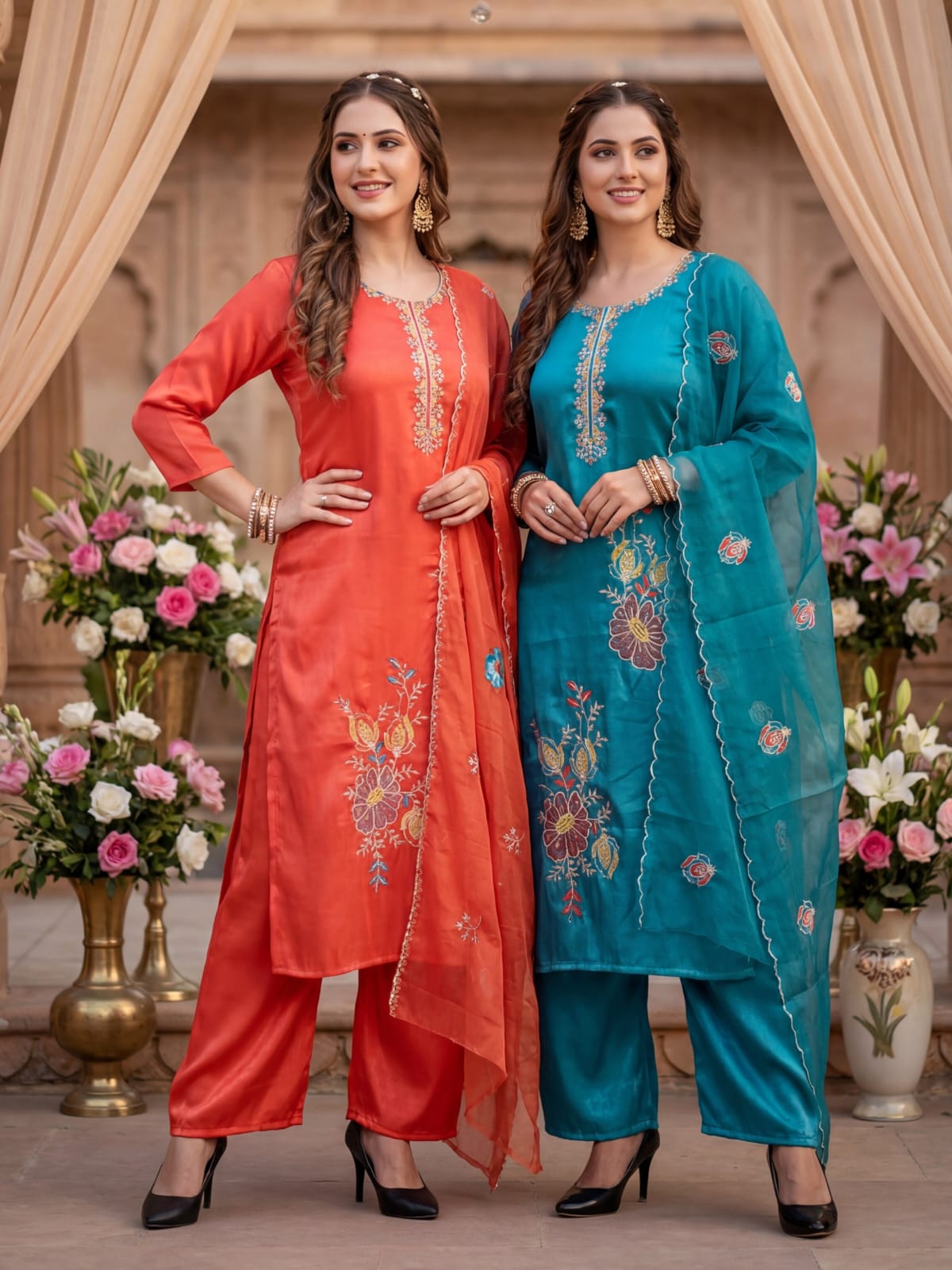 Women Embroidered Roman Silk Kurta Set with Scalloped Work Dupatta