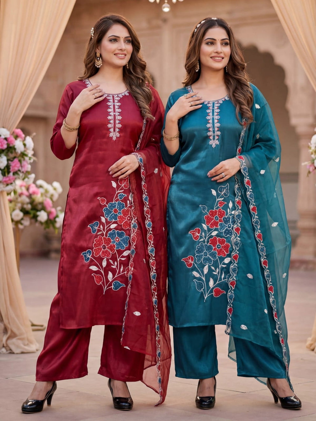 Women Embroidered Roman Silk Kurta Set with Scalloped Work Dupatta