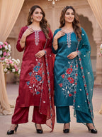 Women Embroidered Roman Silk Kurta Set with Scalloped Work Dupatta