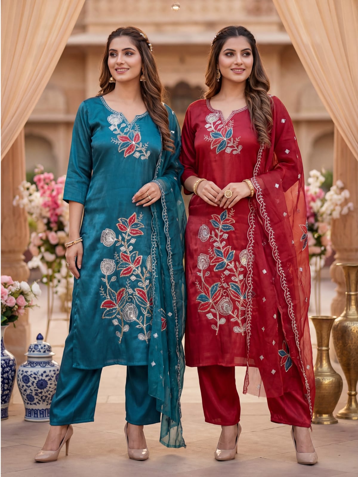 Women Embroidered Roman Silk Kurta Set with Scalloped Work Dupatta