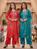 Women Embroidered Roman Silk Kurta Set with Scalloped Work Dupatta