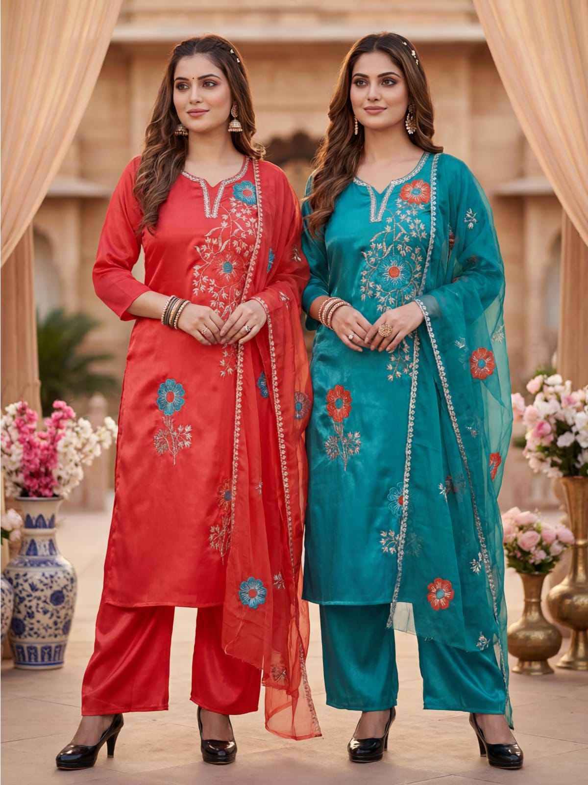 Women Embroidered Roman Silk Kurta Set with Scalloped Work Dupatta