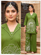 Women Olive Green Floral Line Work Dhabu Cotton Kurta Palazzo Co-Ord Set